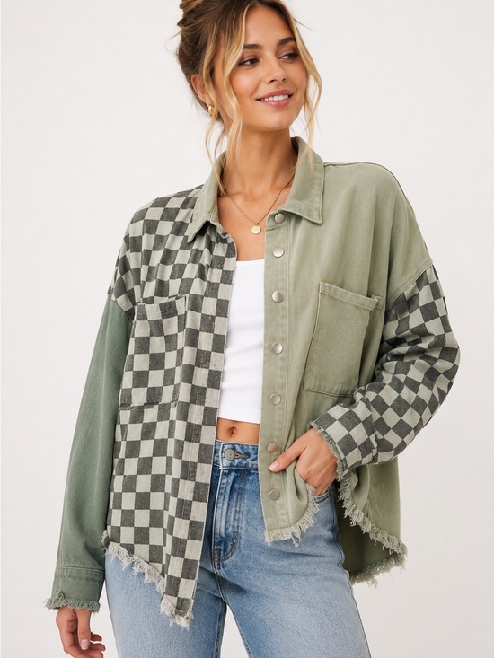 DAVI & DANI Jackets & Blazers - Davi & Dani Green Checkerboard Grunge Denim Oversized Jacket Size S Streetwear